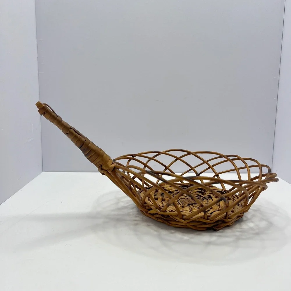 Vintage Woven Wicker Basket with Handle Round Open Weave Boho Cottage Farmhouse